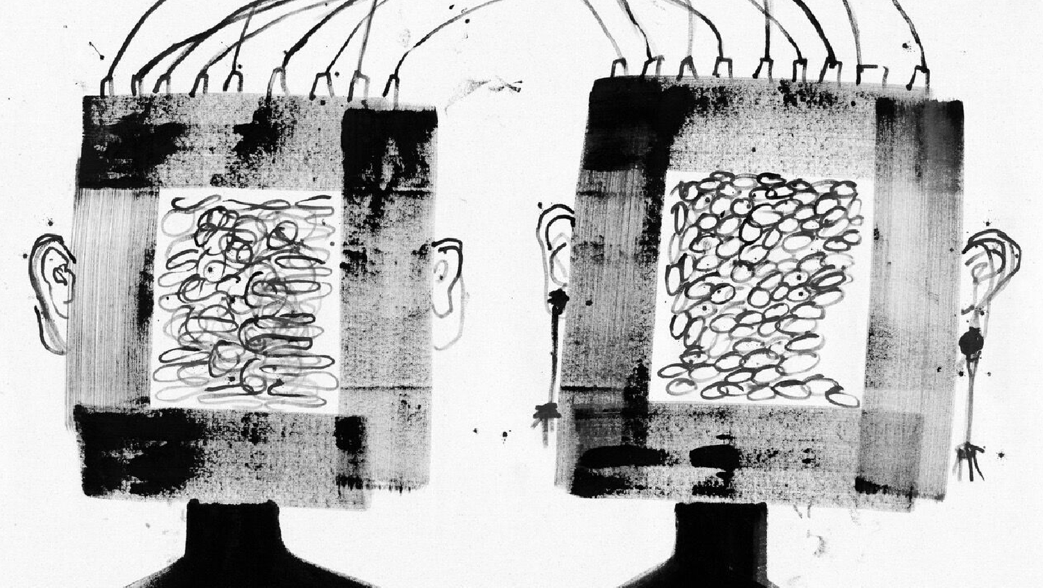 Illustrative image of two square head-shapes emerging from one body and joined at the crown by electric cables 