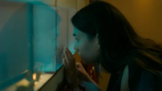 A teenage girl staring into a fish tank.