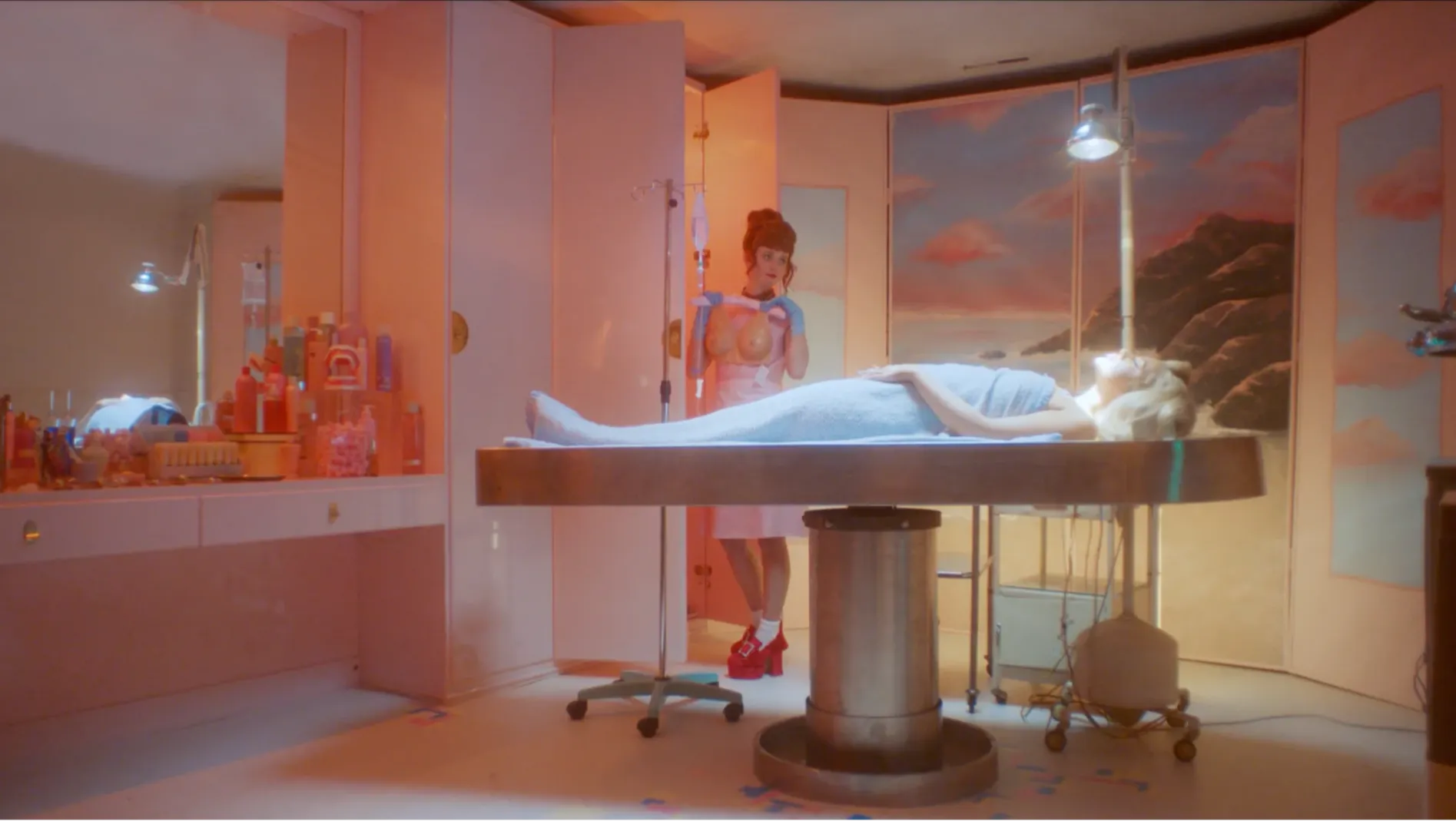 This image shows a woman lying on a steel embalming table in a pink room with another woman holding up a pair of breasts.