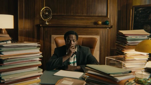 A man sitting at a desk in an office surrounded by mountainous stacks of files and paperwork.
