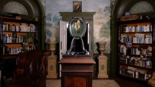 A glass egg with a golden feather in The Fletcher Apartments