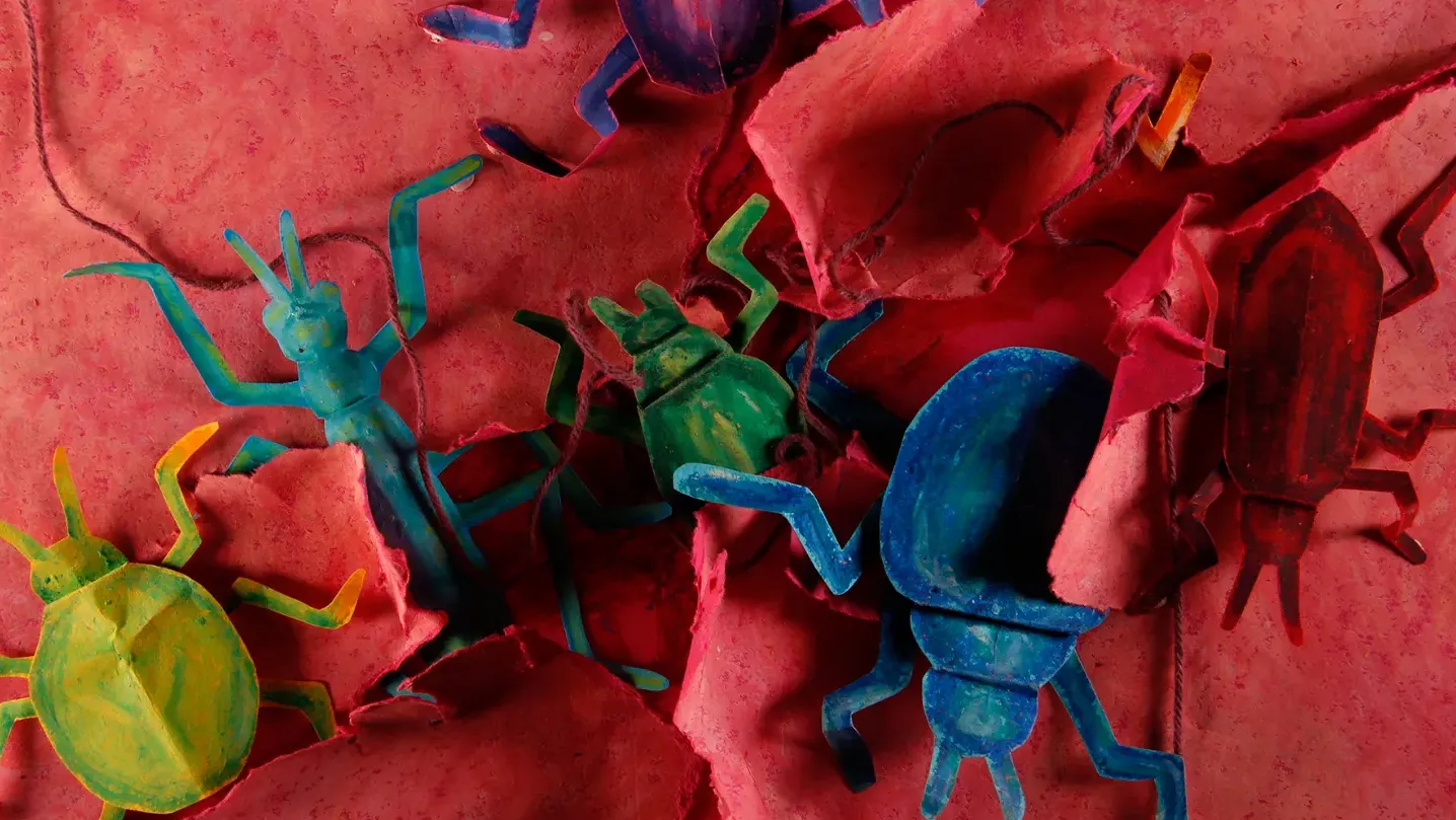 Colourful bugs made with oil pastel and cut out on paper, on a pink background