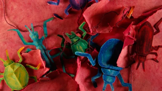 Colourful bugs made with oil pastel and cut out on paper, on a pink background