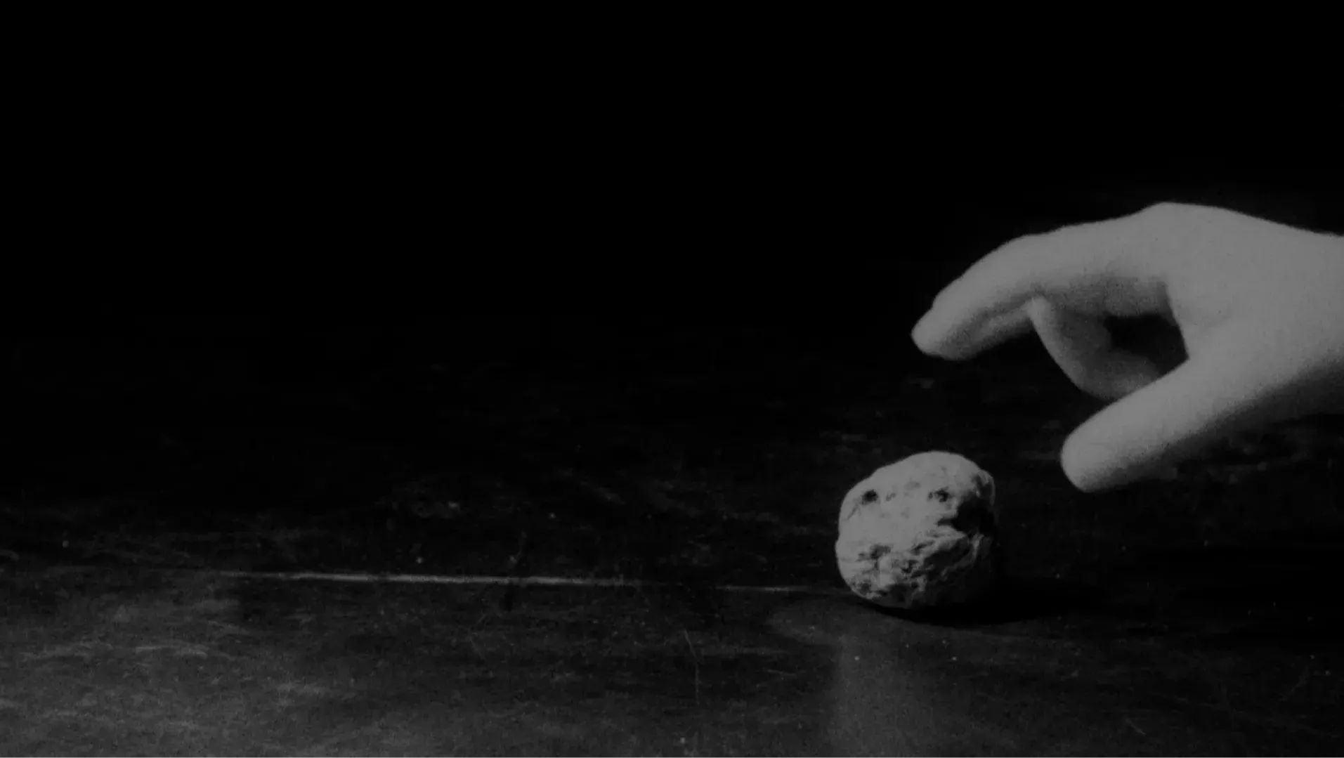 The hand of a child reaches out to pick up a walnut from the floor.