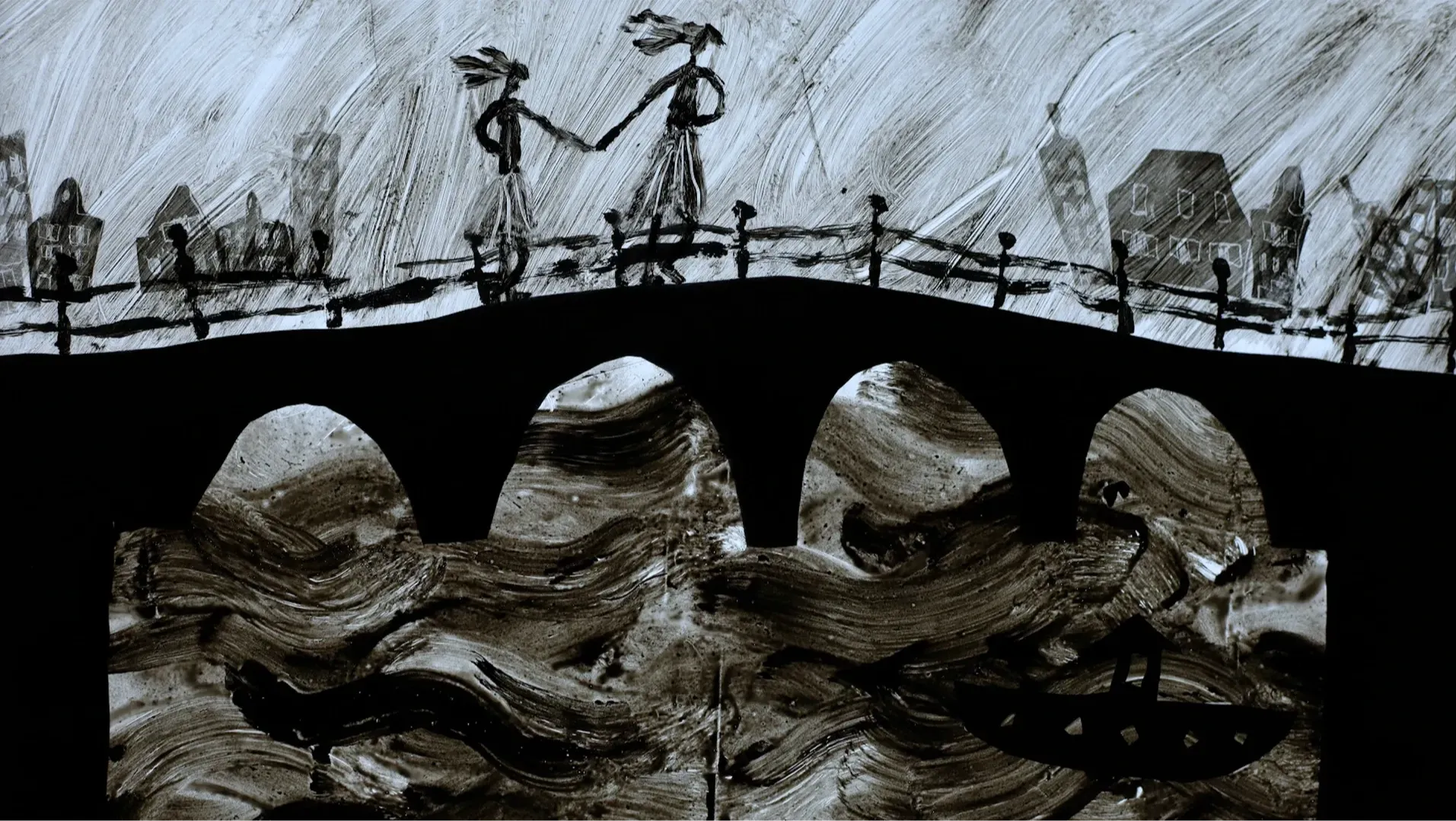 Animation image. Snow angels running over a bridge in a storm