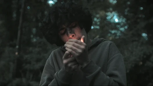 A boy smoking a stolen cigarette