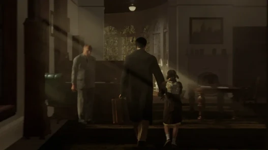 A small girl holds the hand of a man in a dark coat, carrying a suitcase. They walk towards a man in a grey suit standing by a wooden desk in a dimly lit, formal reception room.