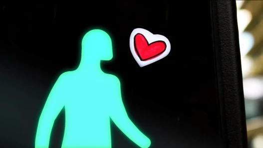 A traffic light green man stands next to a sticker of a cartoon heart