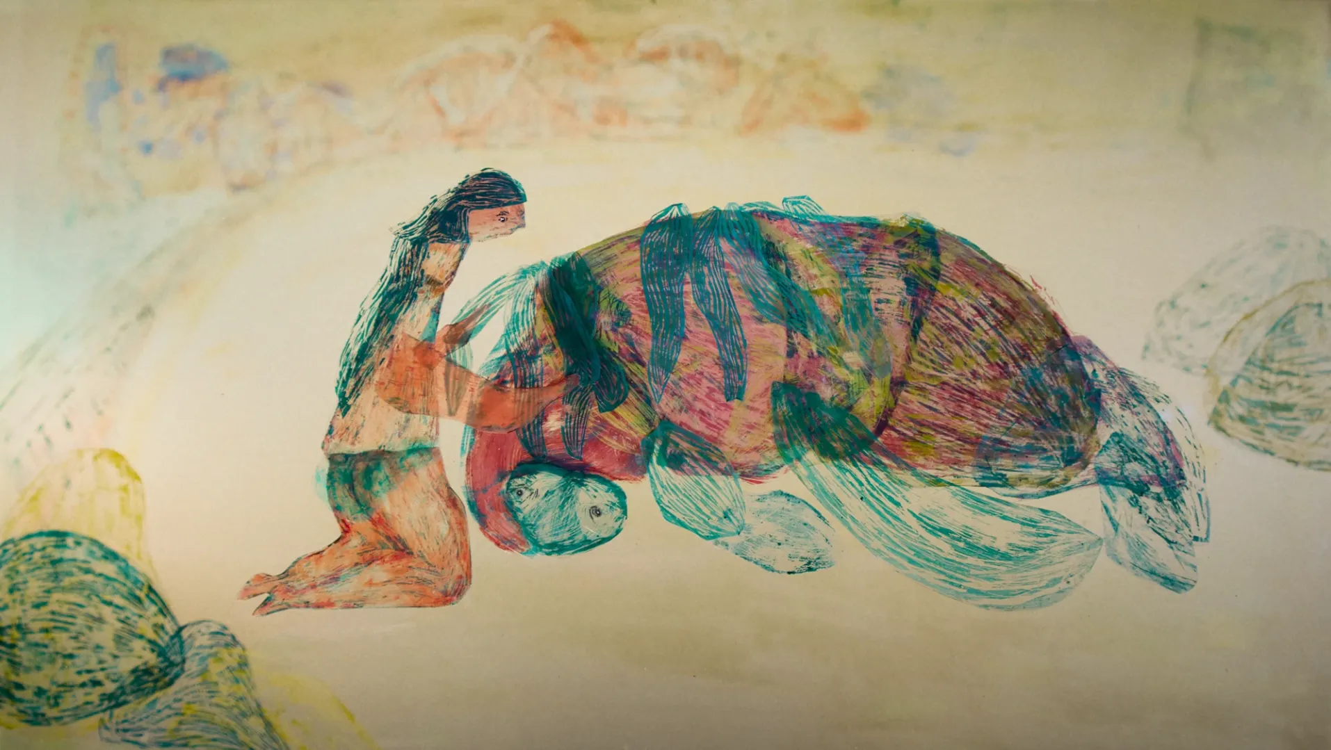 A girl and a sea creature on the beach