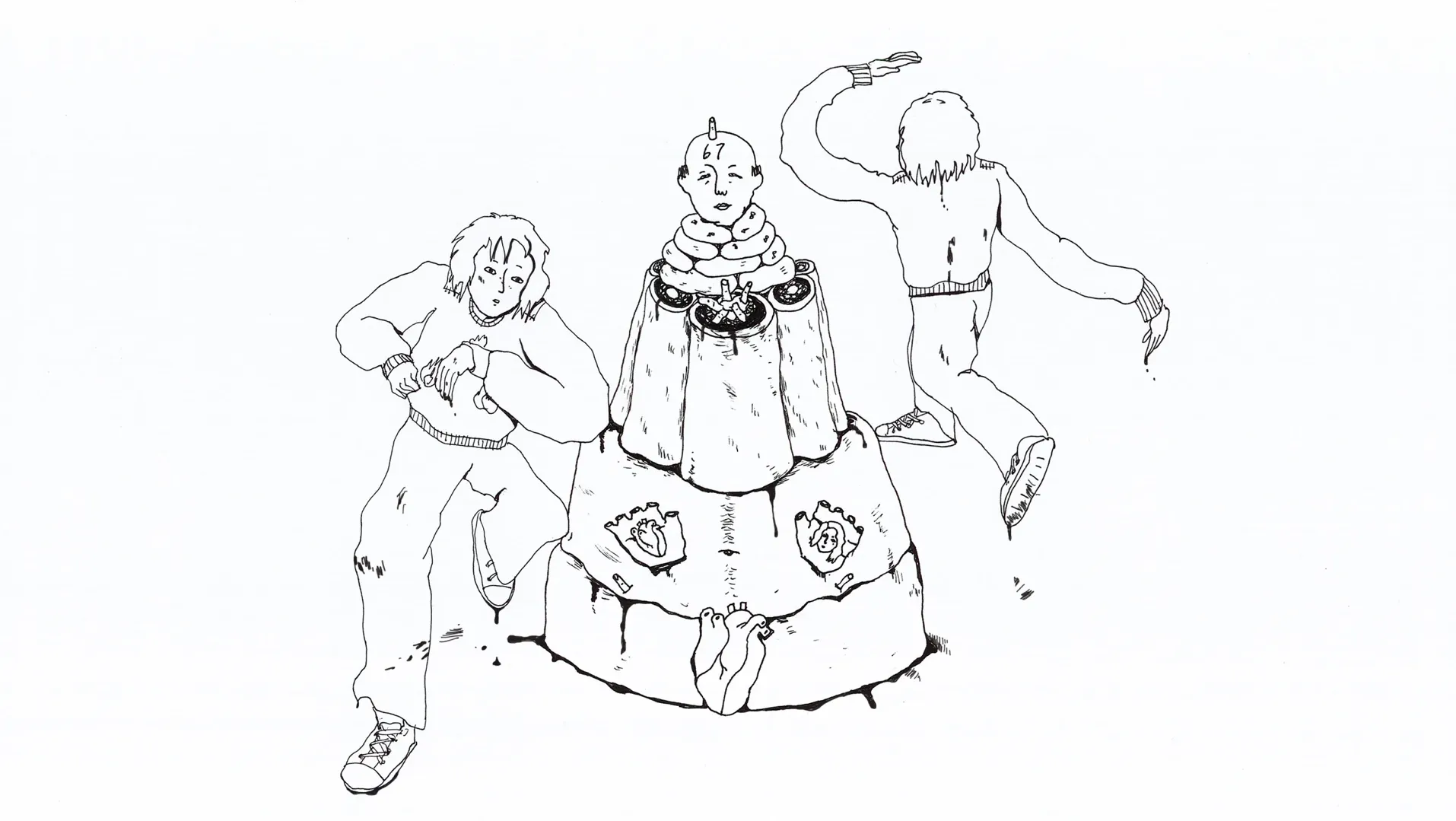 Black and white line drawing depicting a girl dancing around a cake that made of a man's body.