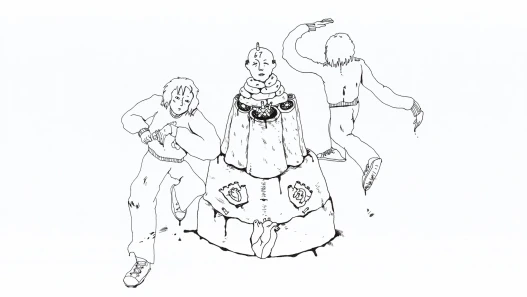 Black and white line drawing depicting a girl dancing around a cake that made of a man's body.