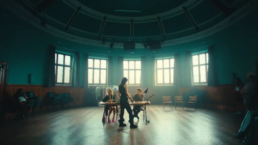 A pantomime rehearsal room. Two people are seated behind a desk, one person is standing in front of them with their back to the camera.