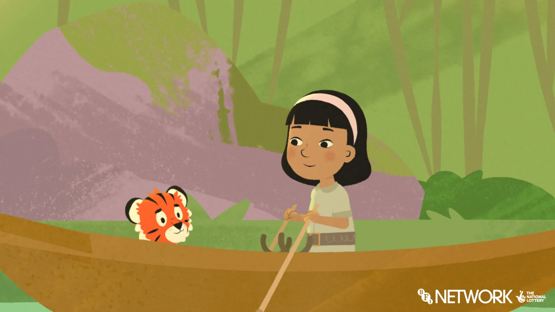 Ava, a little girl is in a rowing boat with a tiger