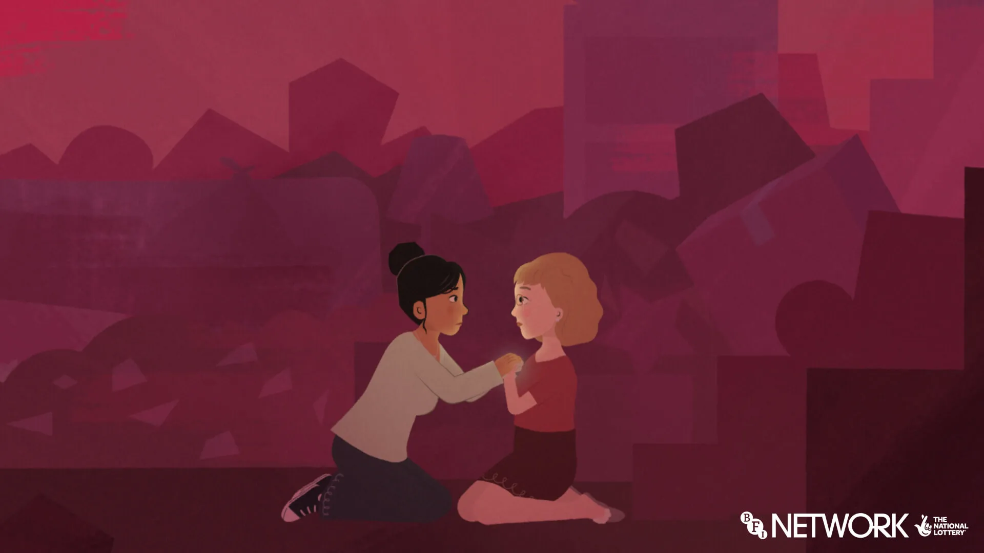 Ava and her mum grip hands - they background is full of clutter