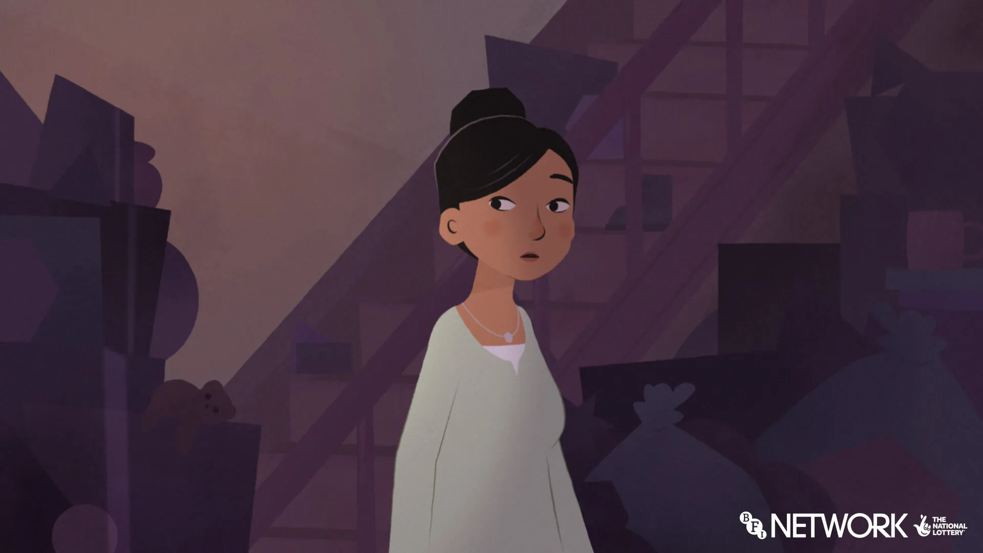 Ava enters a cluttered hallway