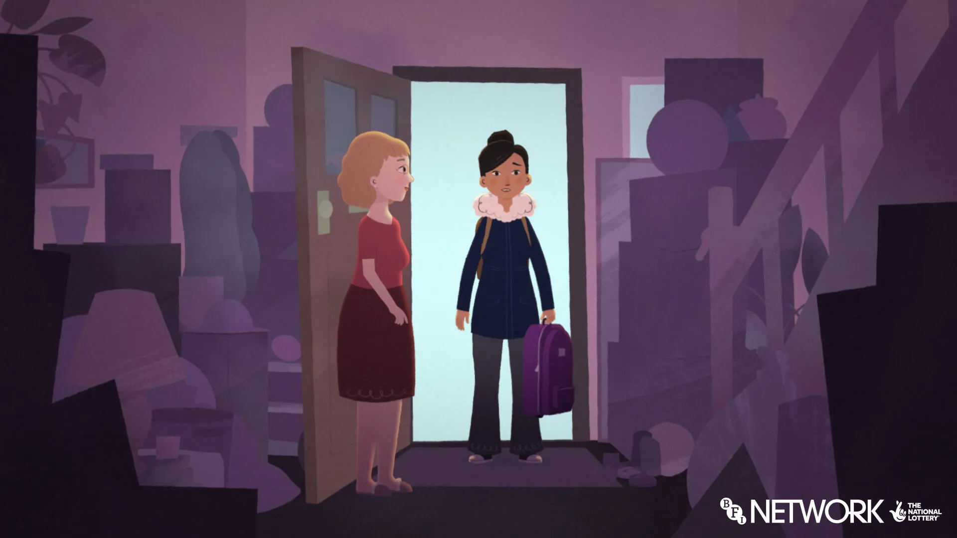 Ava enter the house, her mum stands at the door - the hallway is full of clutter