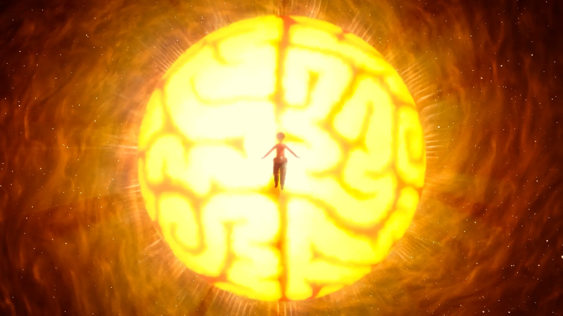 A figure floats serenely in space, silhouetted by the large brain planet glowing behind her