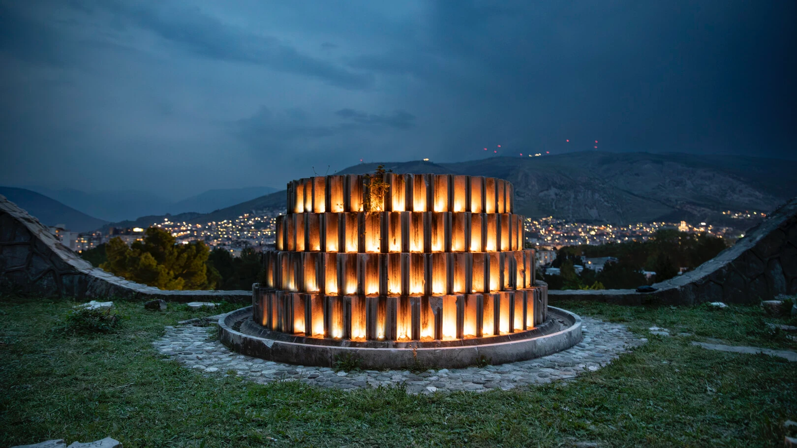 The Partisan Memorial Cemetery in Mostar, Bosnia lit up by candle light