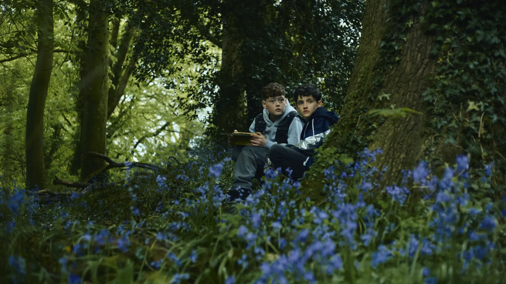 Two boys hiding in a forest