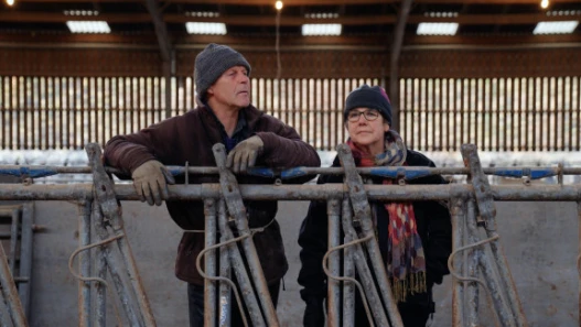 A man and a woman standing together in a farm building