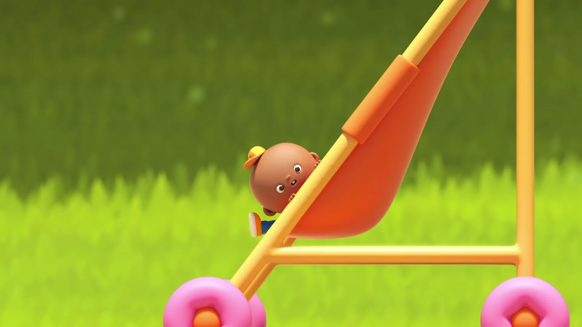 A 3D CGI rendering of a stylised baby character being pushed in a stroller