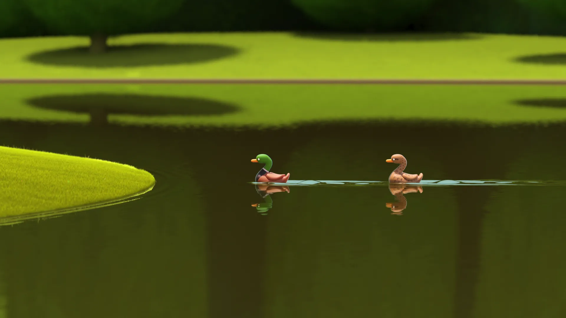 A 3D CGI rendering of a male and female mallard swimming across the surface of a lake