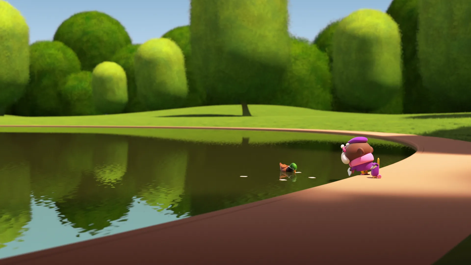 A 3D CGI rendering of a an old man, stood at the edge of a lake, feeding bread to a duck on the water