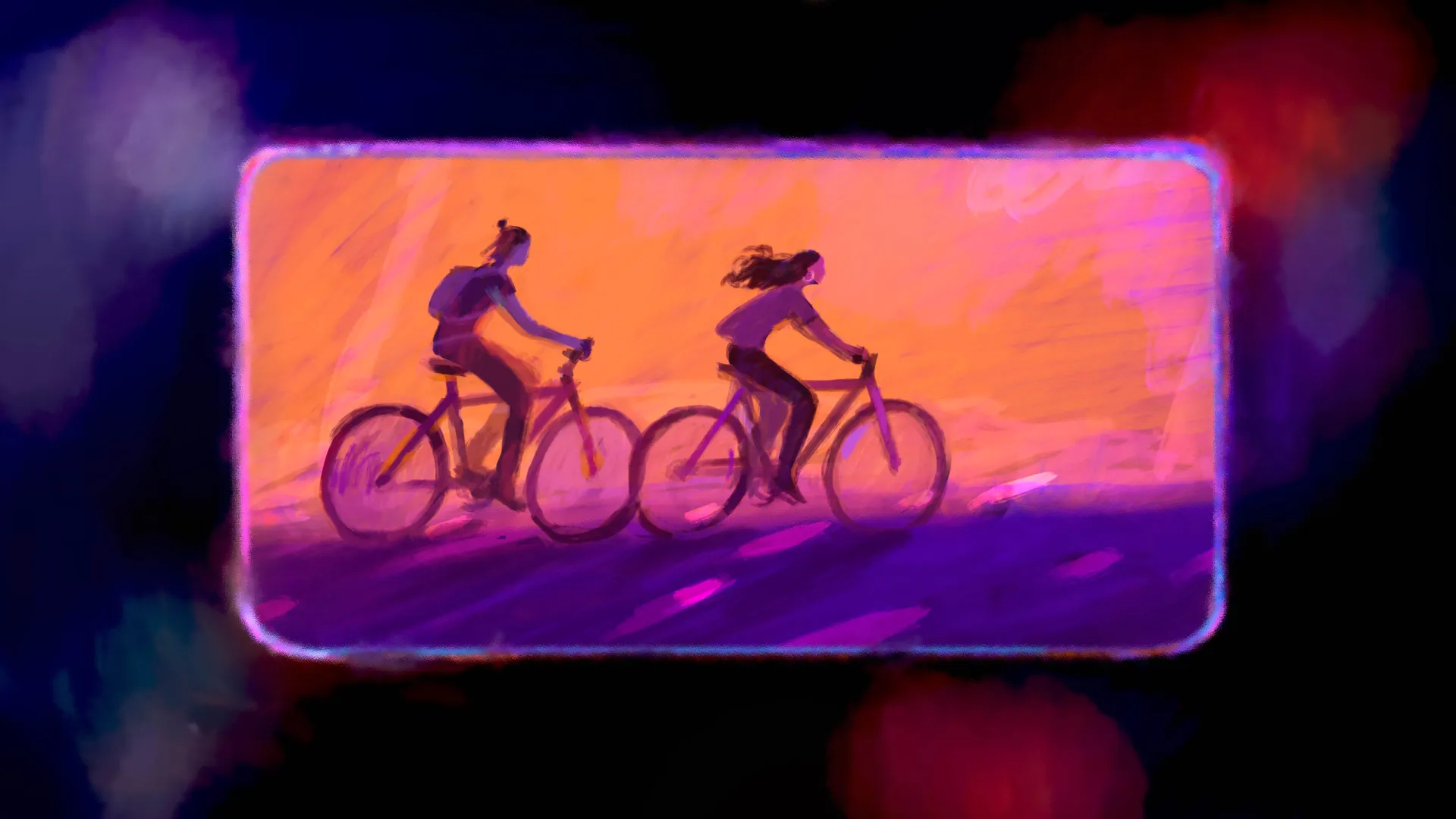Two figures cycling at sunrise.