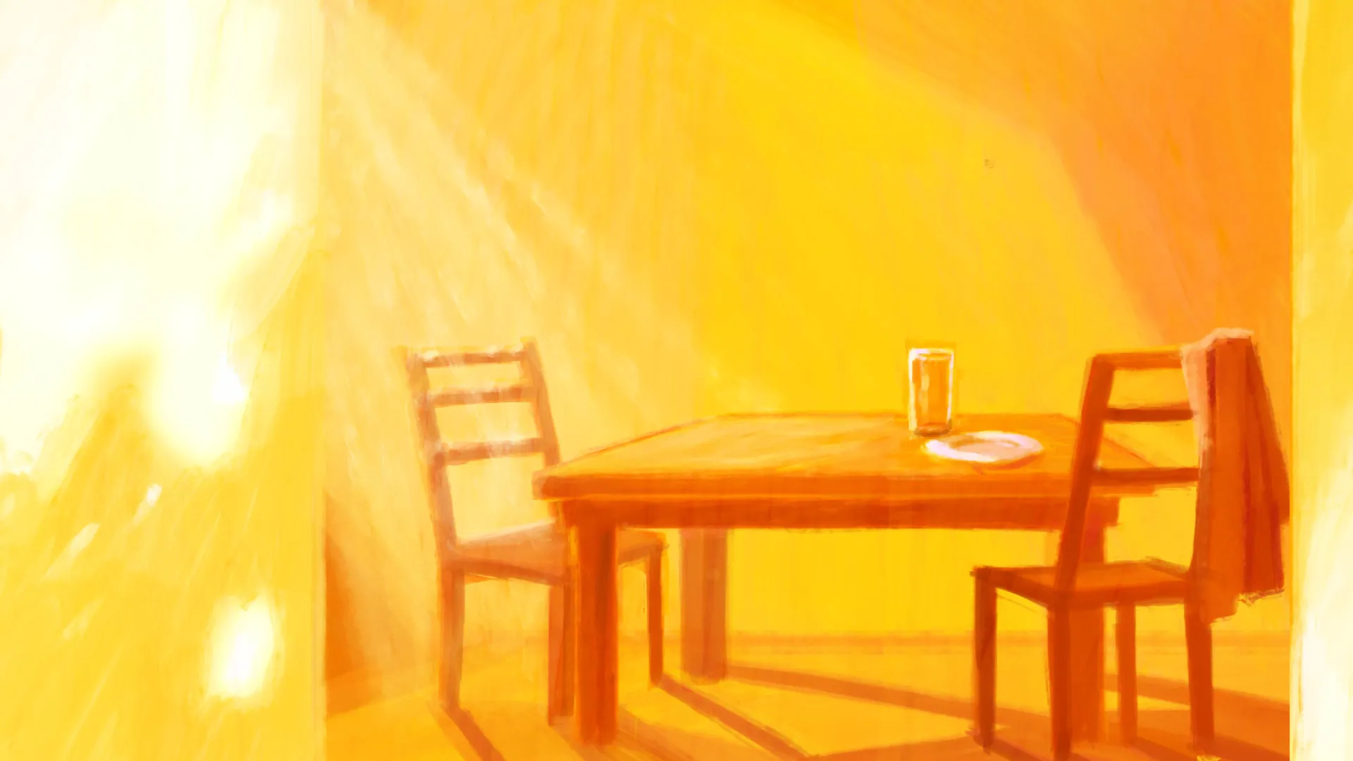 Sunlight glows on a table and 2 chairs.