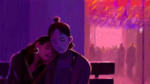 Two figures sit on a bench at dusk/nighttime. One leans her head on the other.