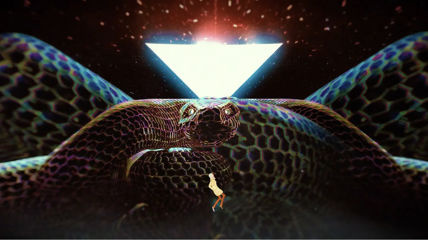 A figure floating infront of a huge Snake in the Cosmos with a white triangle on the background