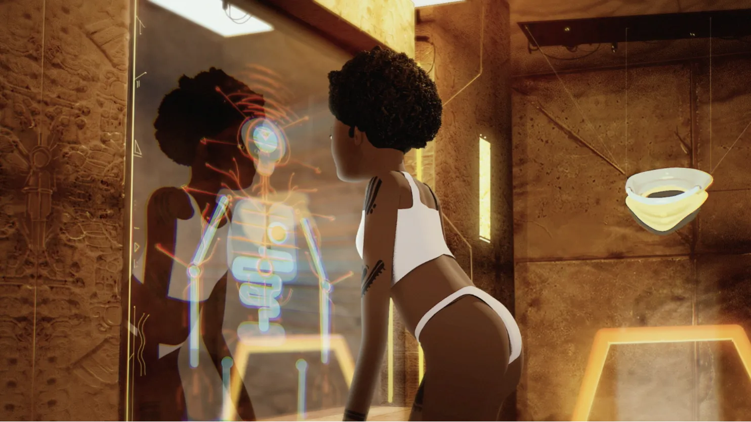 a black woman checking her self in a mirror with a digital hologram in a futuristic house