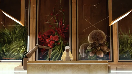 Afemale scientist conducting research in a futuristic Lab on the bg with gigantic plants