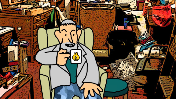 Bob Godfrey holding a cup of tea.