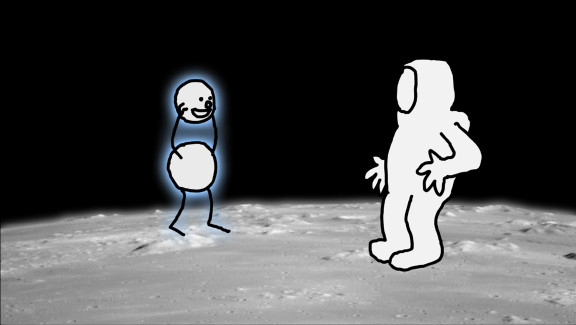 A cartoon man lifts his head right off in front of a surprised lunar astronaut.
