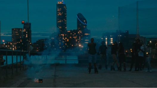 Skaters let off fire works.