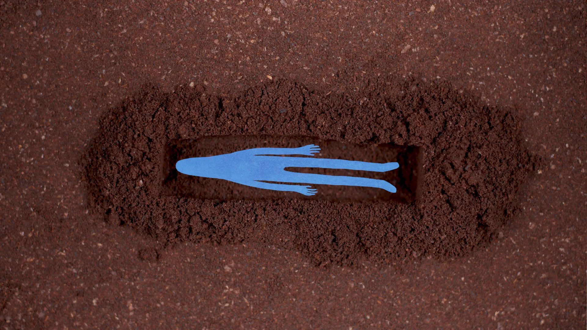 An illustrated figure lays in a grave made of coffee grounds