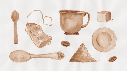 An image painted in coffee, depicting a mug, spoons, teabag and coffee