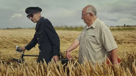 An elderly policeman and an old man, chained together, walk through a wheat field as the policeman carries his vintage bicycle.