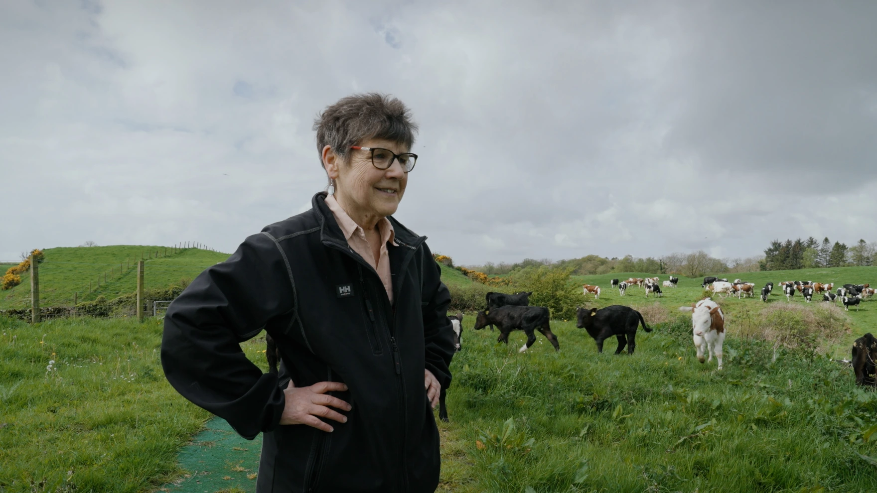 The late Wilma Finlay surrounded by cows and calves