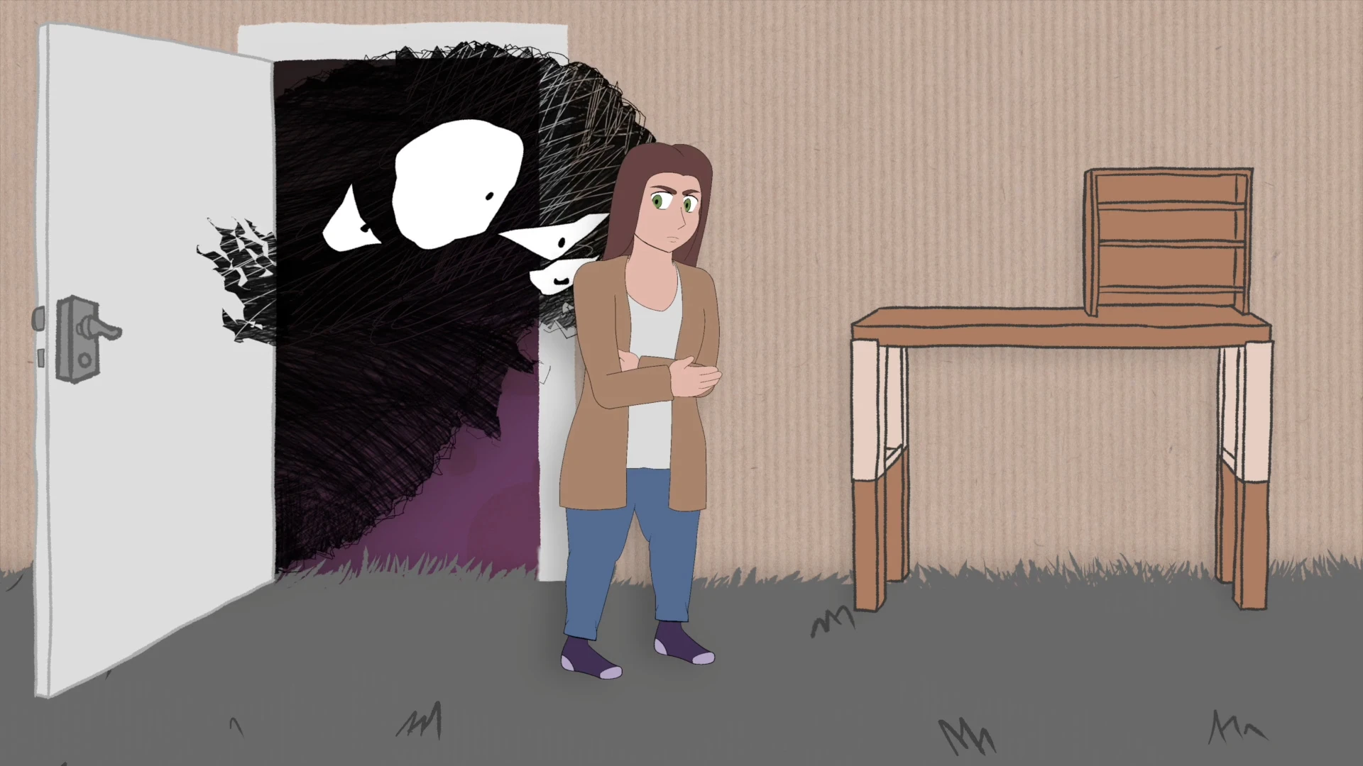 Carys stands with her arms folded, an angry multi eyed scabbily monster leers in through a door.