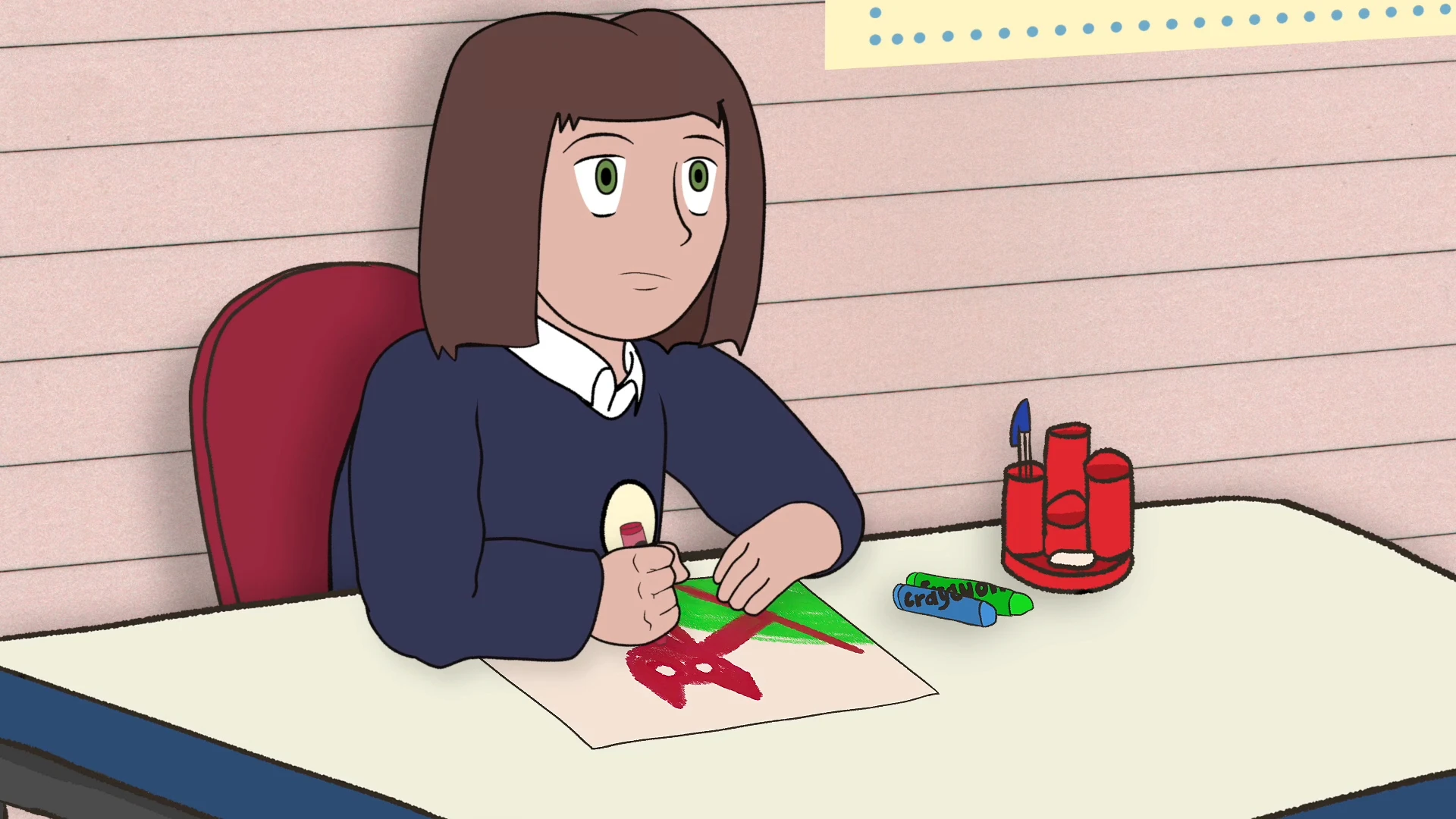 At school, Young Carys looks up from her drawing