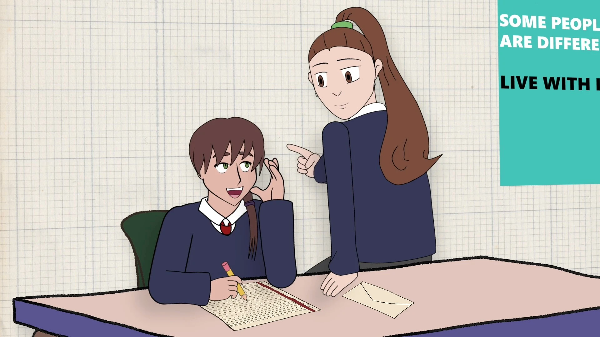 Teenage Carys is writing a letter, her friend sits on the desk and is helping.