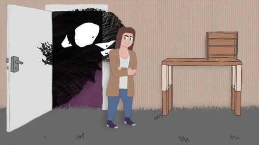 Carys stands with her arms folded, an angry multi eyed scabbily monster leers in through a door.