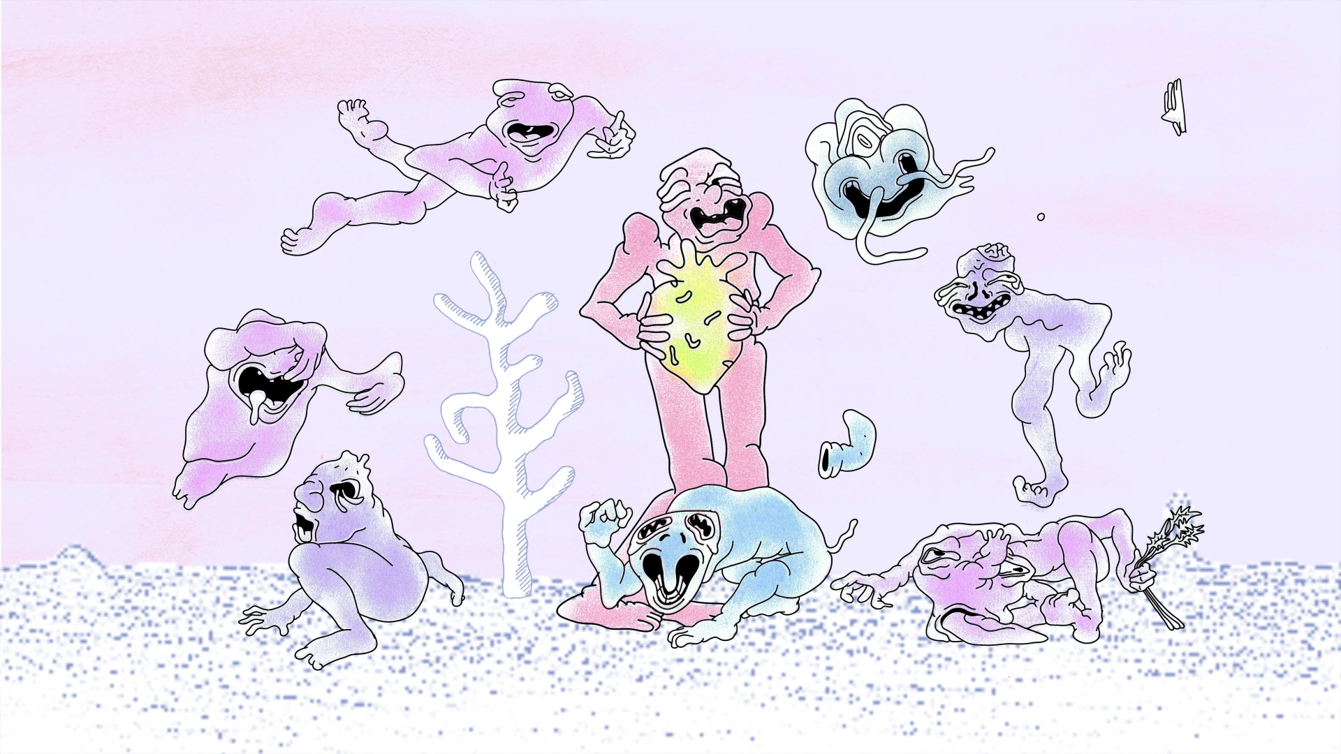 Animation image - Strange creatures circle a pink creature, who is holding a yellow strawberry.