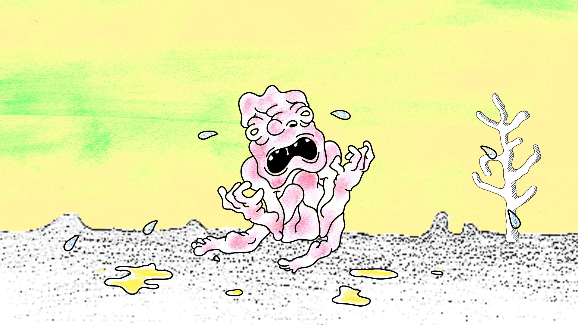 Animation image - A pink creature is sitting and sobbing alone on the planet.