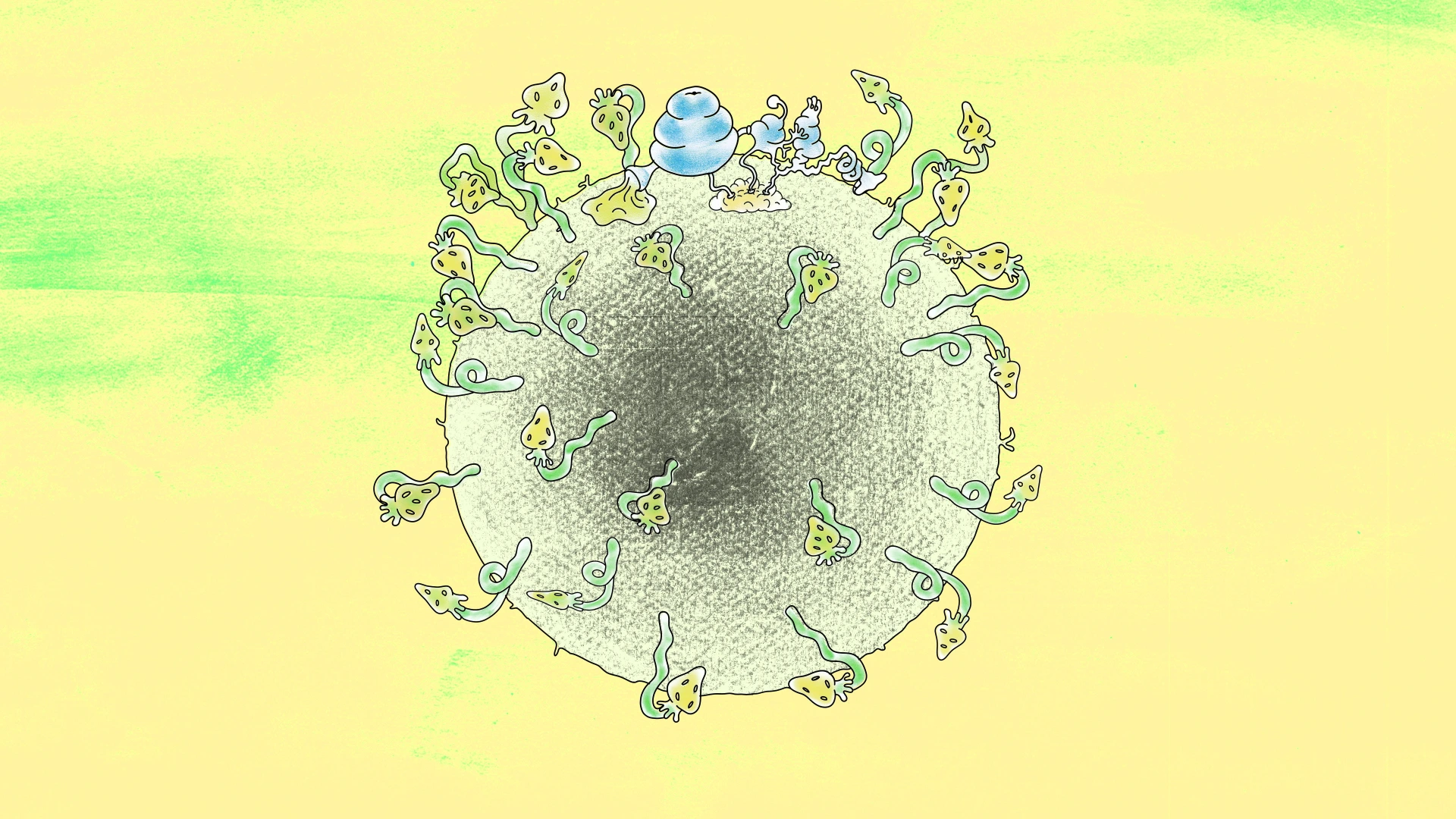 Animation image - A planet is covered in strawberry plants.
