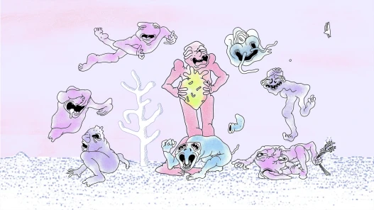 Animation image - Strange creatures circle a pink creature, who is holding a yellow strawberry.