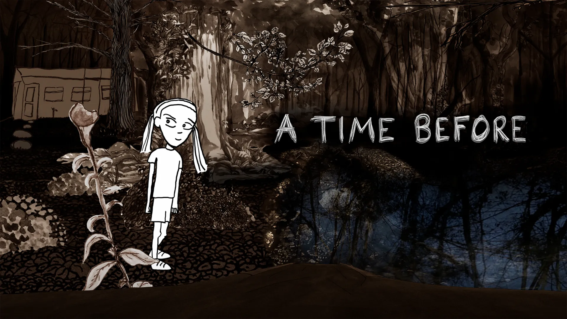 A drawing of a girl in a forest by a pond, above it you can see the title 'A Time Before'