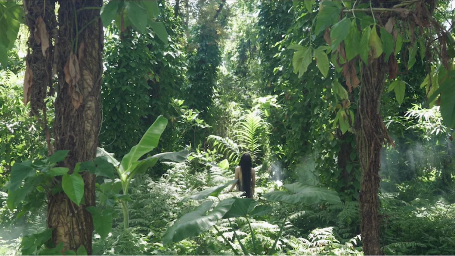A woman with a divine glow stands in a luxuriant tropical green forest. She gives us her back.